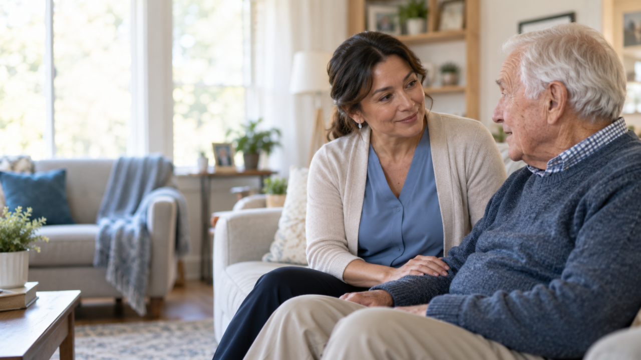 Direct-care professional speaking with an older adult receiving support in his home.